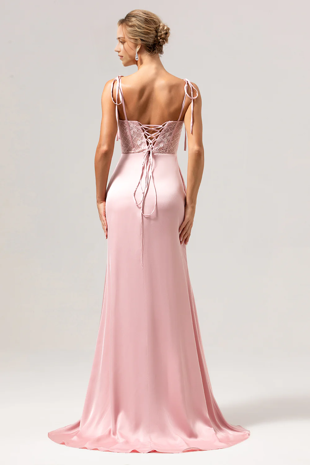 Satin thin shoulder strap tight corset long mermaid bridesmaid dress with slit