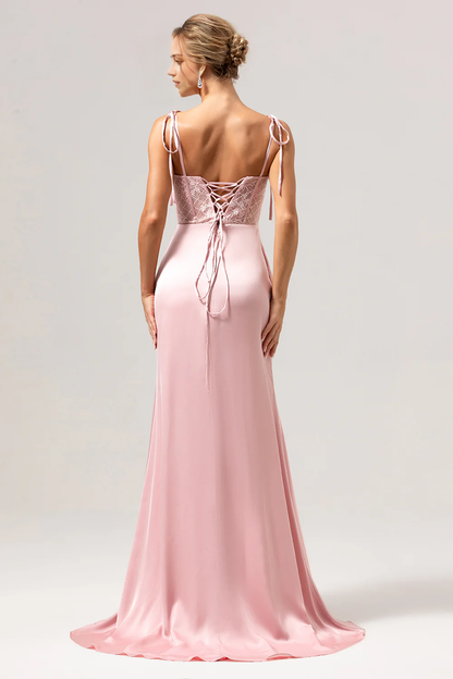 Satin thin shoulder strap tight corset long mermaid bridesmaid dress with slit