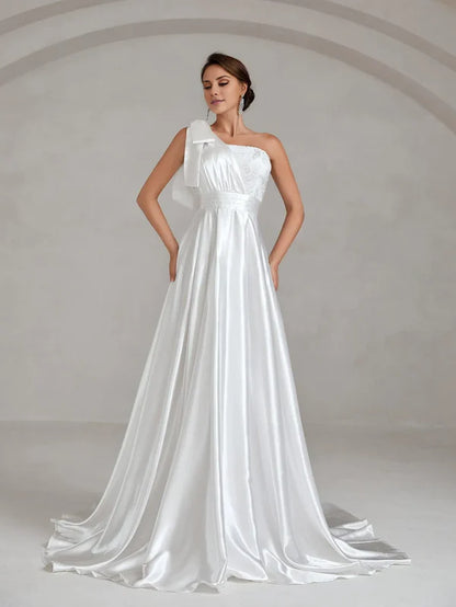One shoulder bow satin and floor length wedding dress