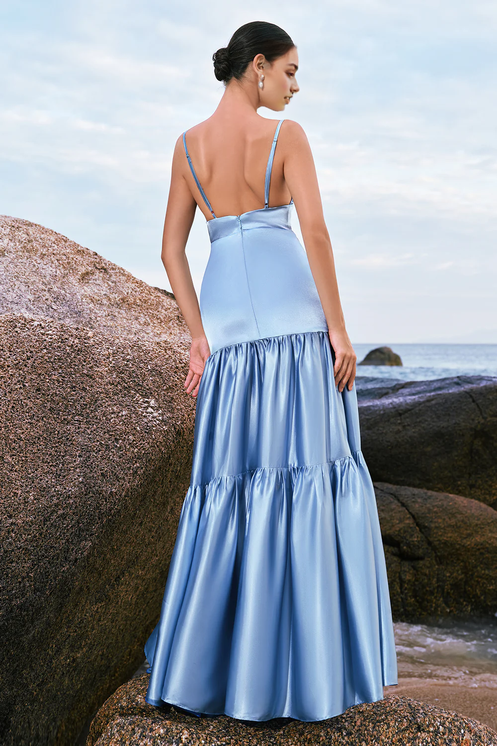 Light blue A-line thin shoulder strap satin long bridesmaid dress with ruffles