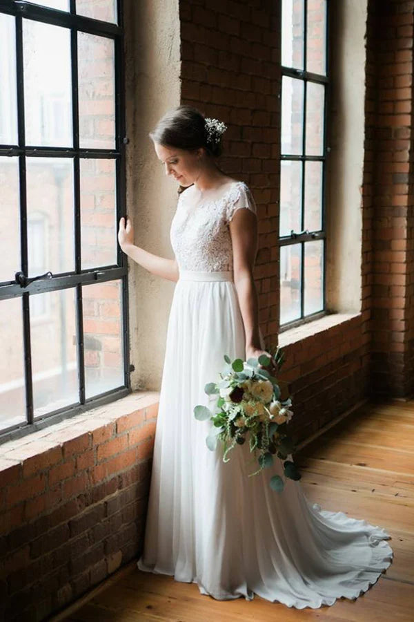 Elegant lace chiffon long A-line sleeveless backless beach wedding dress bride
