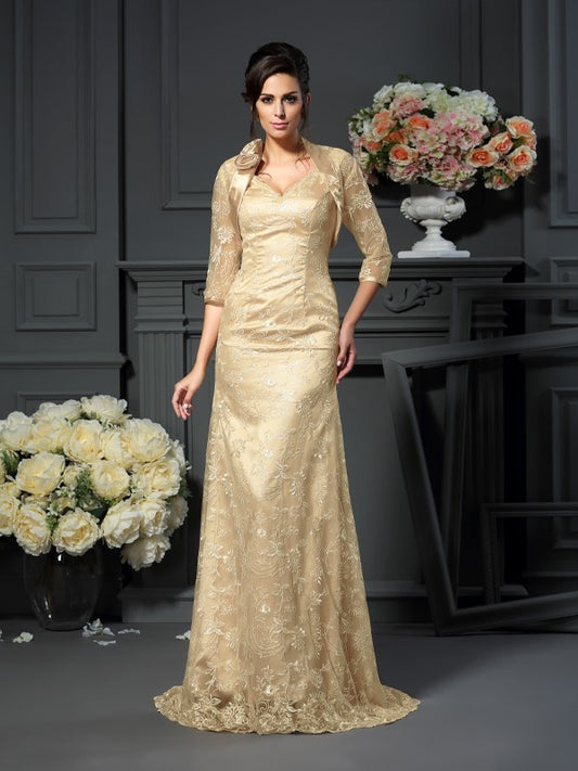 A-Line Lace V-neck Sleeveless Sweep/Brush Train With Lace Mother of the Bride Dresses