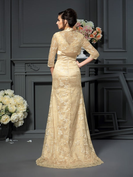 A-Line Lace V-neck Sleeveless Sweep/Brush Train With Lace Mother of the Bride Dresses