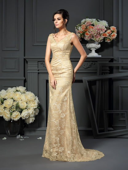 A-Line Lace V-neck Sleeveless Sweep/Brush Train With Lace Mother of the Bride Dresses