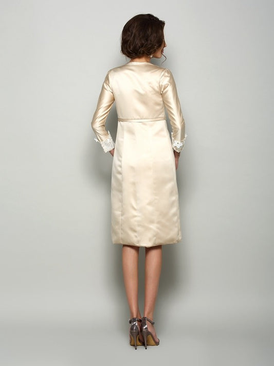 Sheath Satin Square Short Sleeves Knee-Length With Applique Mother of the Bride Dresses