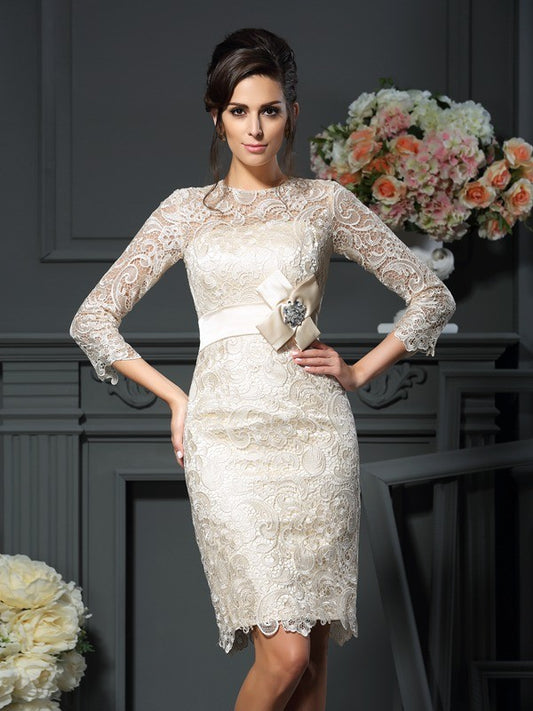 Lace round neck 3/4 sleeve short sleeved/mini bow bridal gown