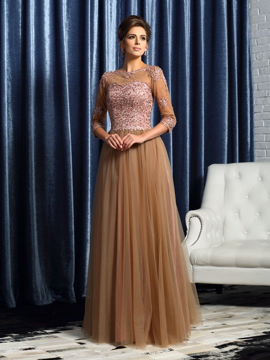A-line elastic woven round neck 3/4 sleeve floor length skirt for brides and mothers