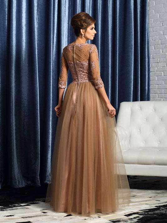 A-line elastic woven round neck 3/4 sleeve floor length skirt for brides and mothers