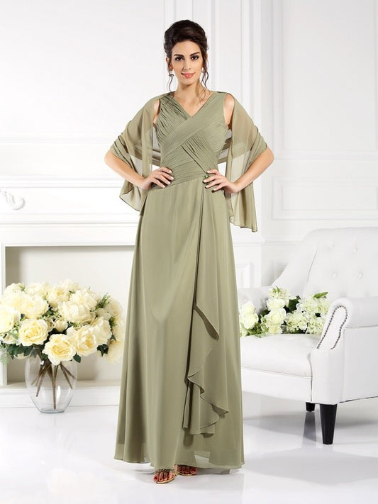 A-Line Chiffon V-neck Sleeveless Floor-Length With Pleats Mother of the Bride Dresses