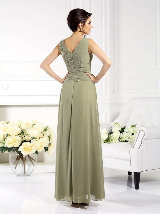 A-Line Chiffon V-neck Sleeveless Floor-Length With Pleats Mother of the Bride Dresses
