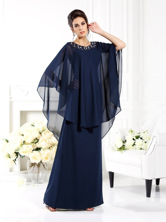 A-Line Chiffon Scoop 3/4 Sleeves Floor-Length With Beading Mother of the Bride Dresses