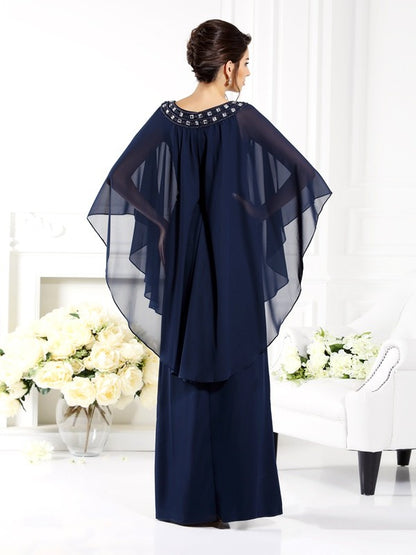 A-Line Chiffon Scoop 3/4 Sleeves Floor-Length With Beading Mother of the Bride Dresses