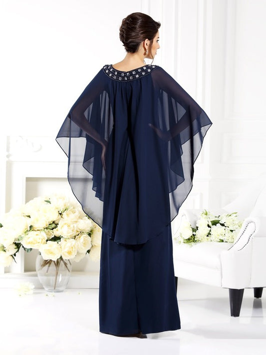 A-Line Chiffon Scoop 3/4 Sleeves Floor-Length With Beading Mother of the Bride Dresses