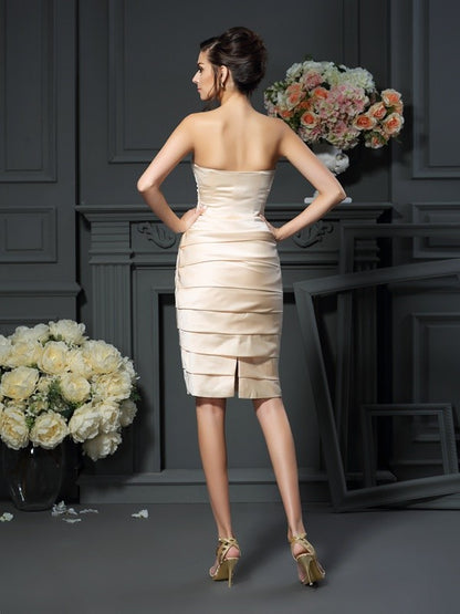 Sheath Satin Strapless Sleeveless Knee-Length With Pleats Mother of the Bride Dresses