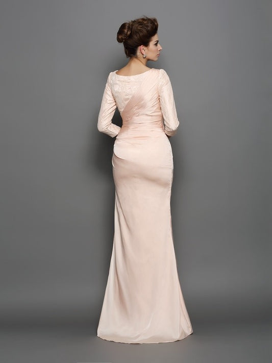 Mermaid Satin Chiffon Bateau 3/4 Sleeves Sweep/Brush Train With Lace Mother of the Bride Dresses