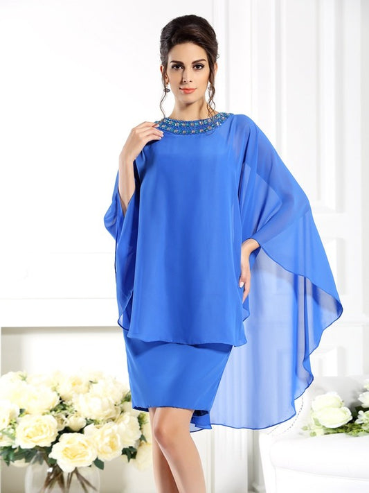 Sheath Chiffon Bateau 3/4 Sleeves Knee-Length With Beading Mother of the Bride Dresses