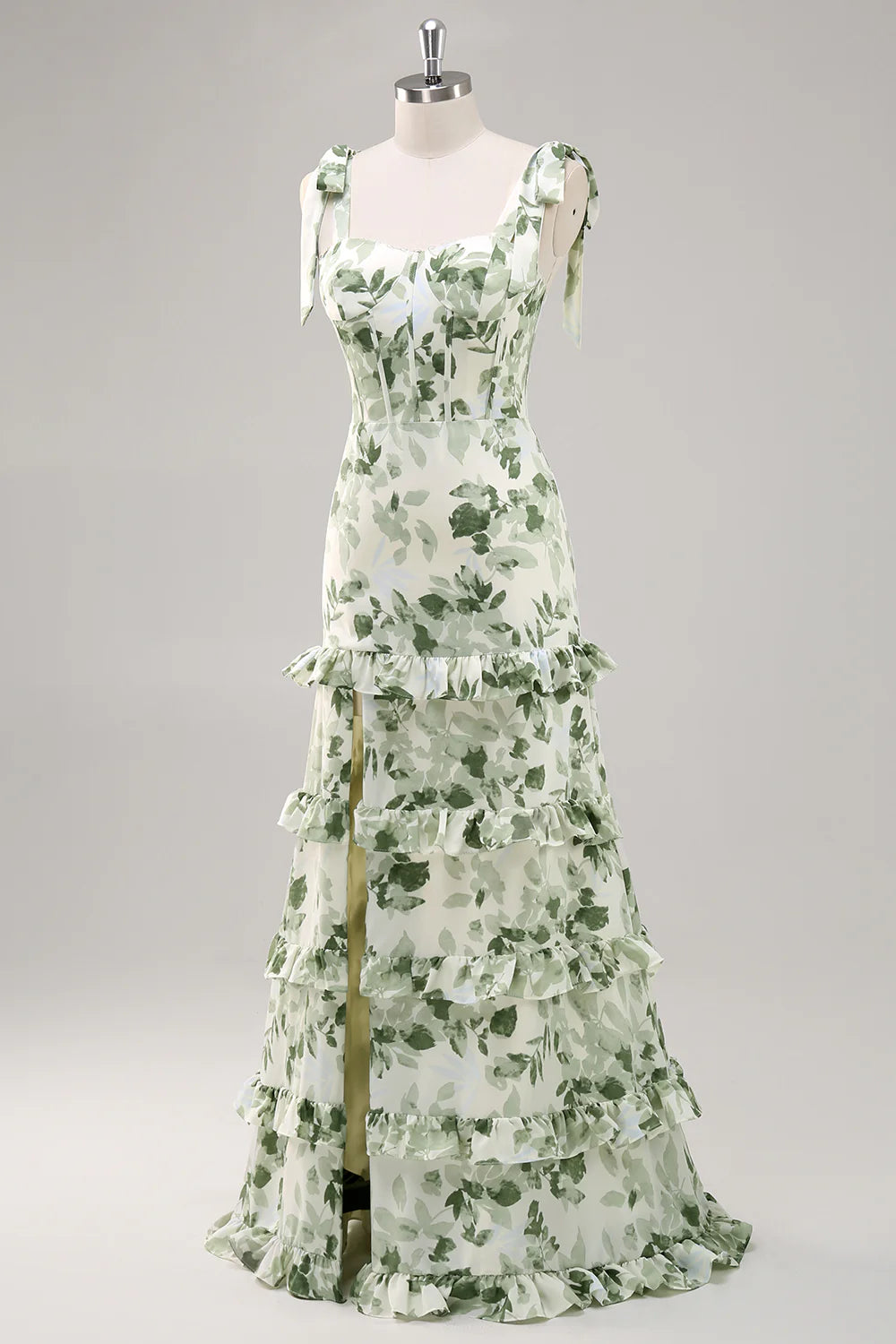 Green A-Line Bow Shoulder Strap Printed Long Floral Dress with Slit