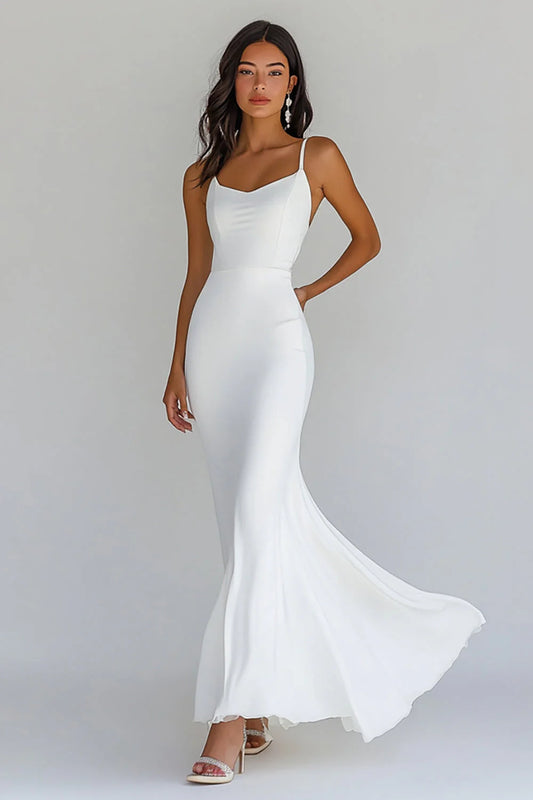White V-neck thin suspender belt long wedding dress