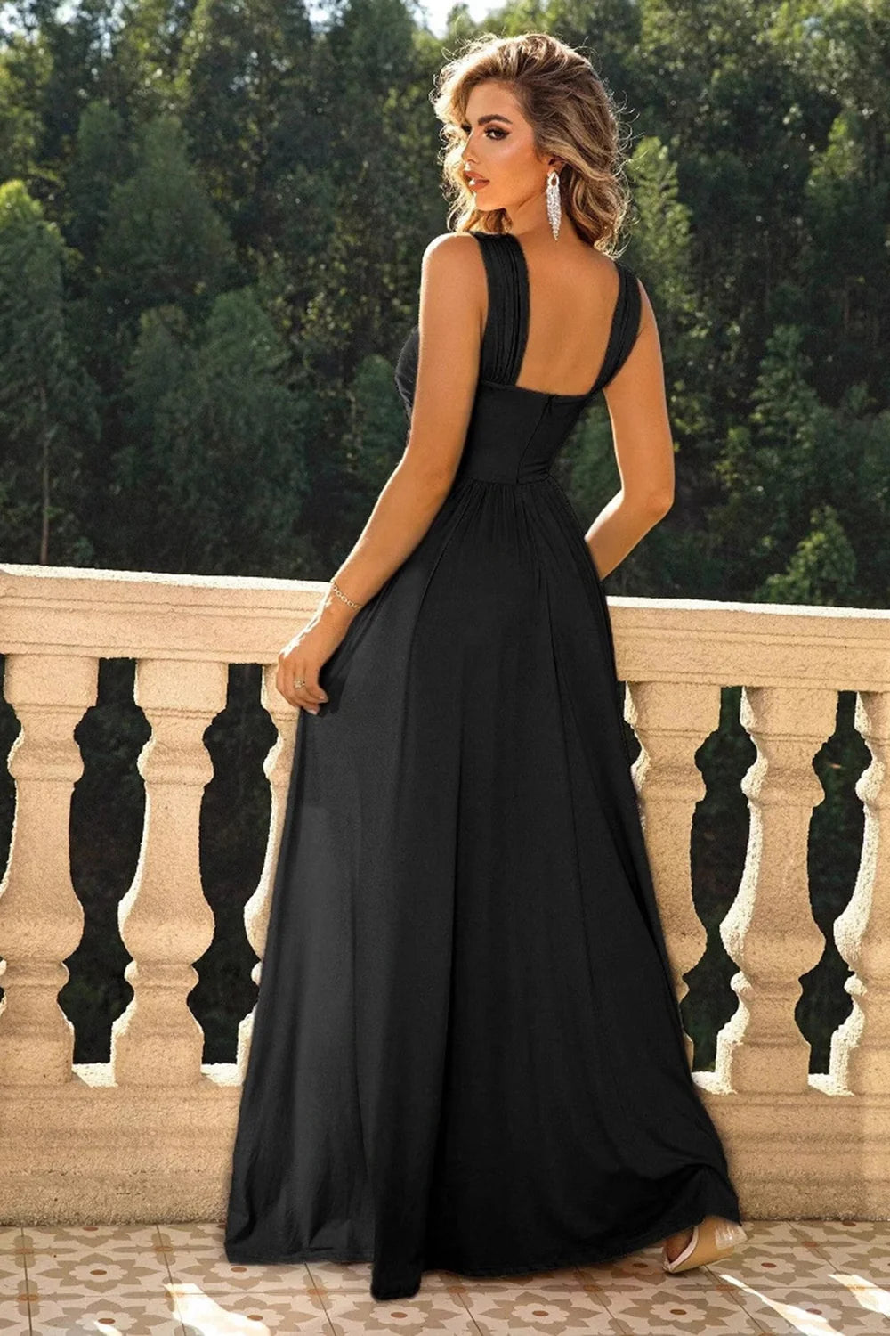 A Line Black Criss Cross Straps Long Wedding Guest Dress