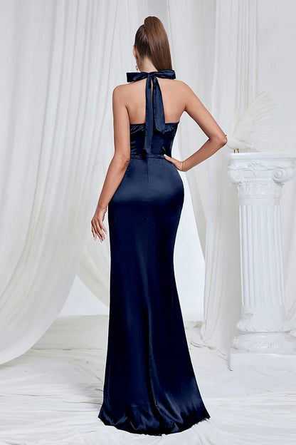 Mermaid Pine Halter Satin Wedding Guest Dress with Slit