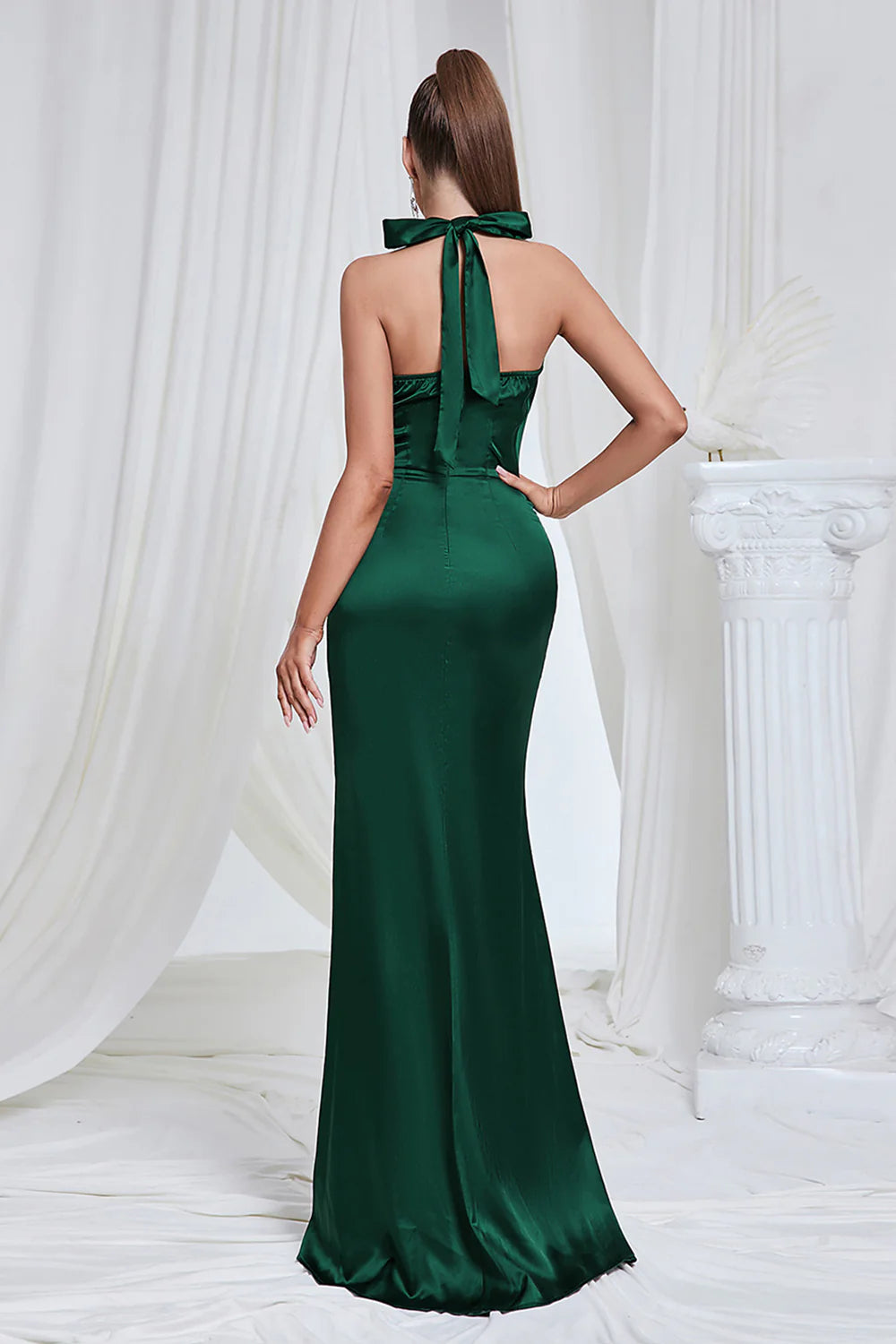 Mermaid Pine Halter Satin Wedding Guest Dress with Slit