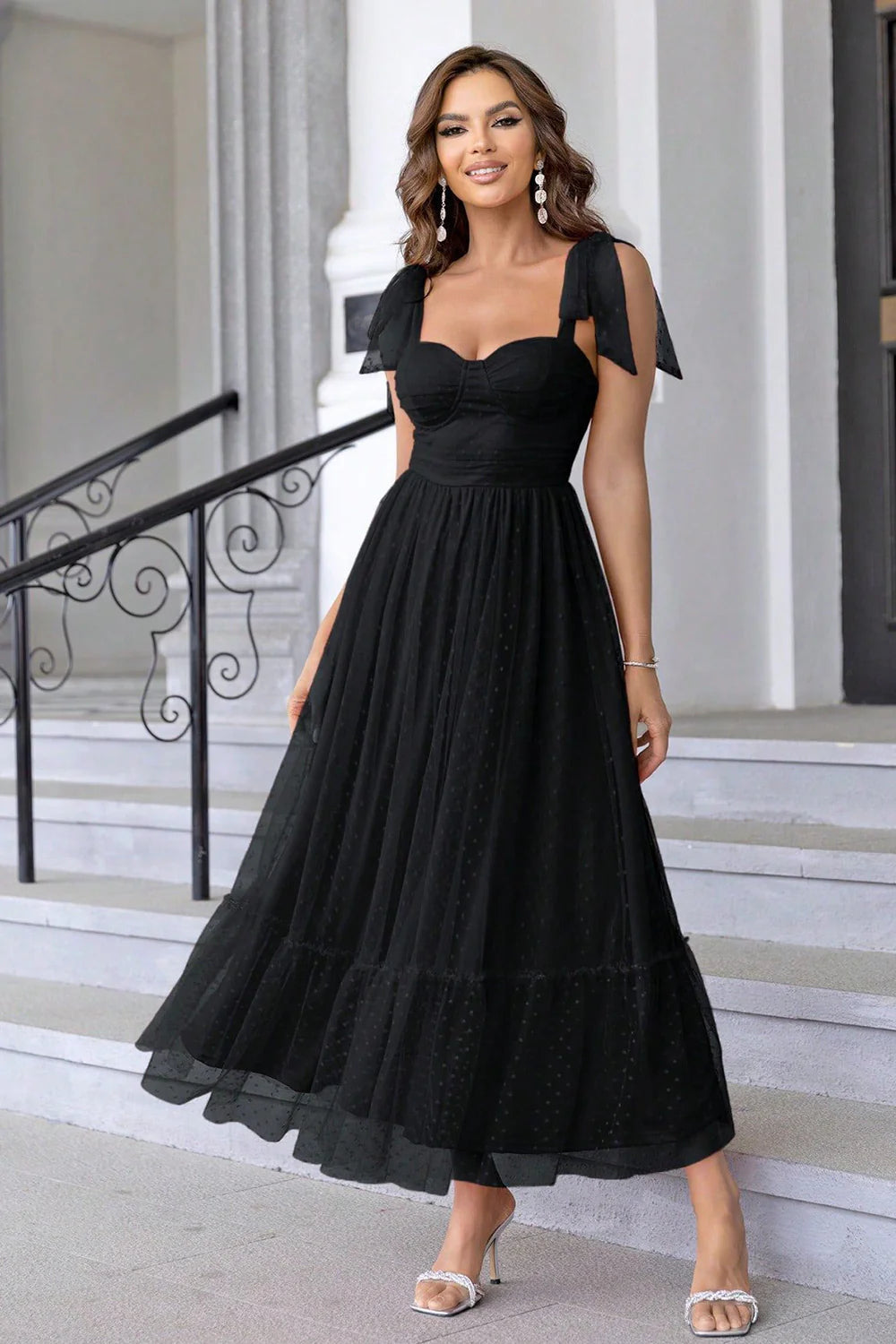 Black A Line Bow Spaghetti Straps Pleated Long Wedding Guest Dress
