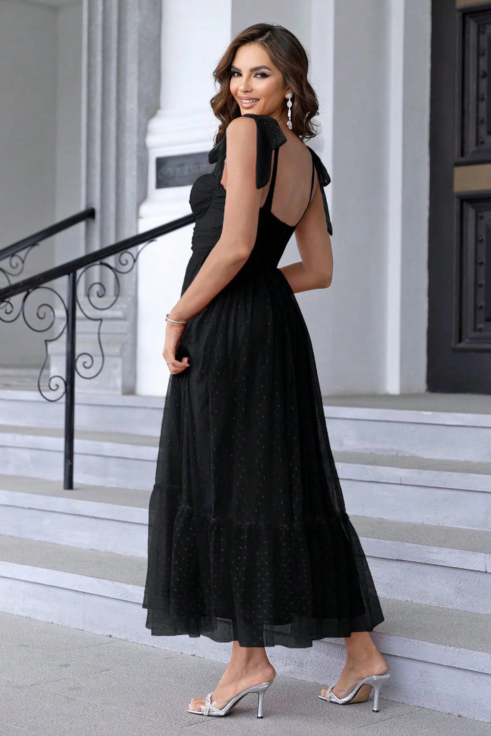 Black A Line Bow Spaghetti Straps Pleated Long Wedding Guest Dress