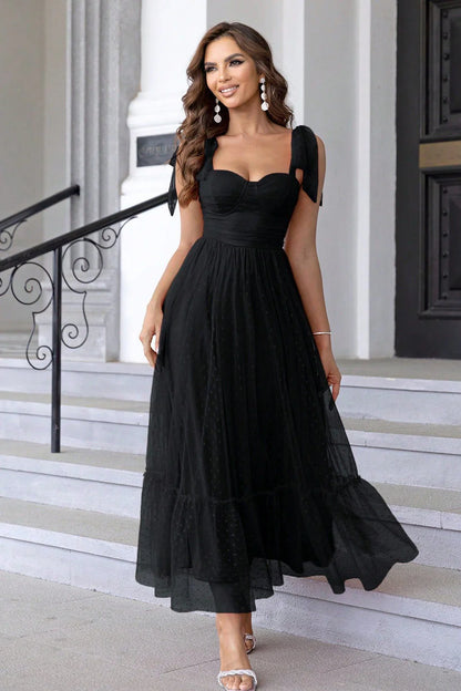 Black A Line Bow Spaghetti Straps Pleated Long Wedding Guest Dress