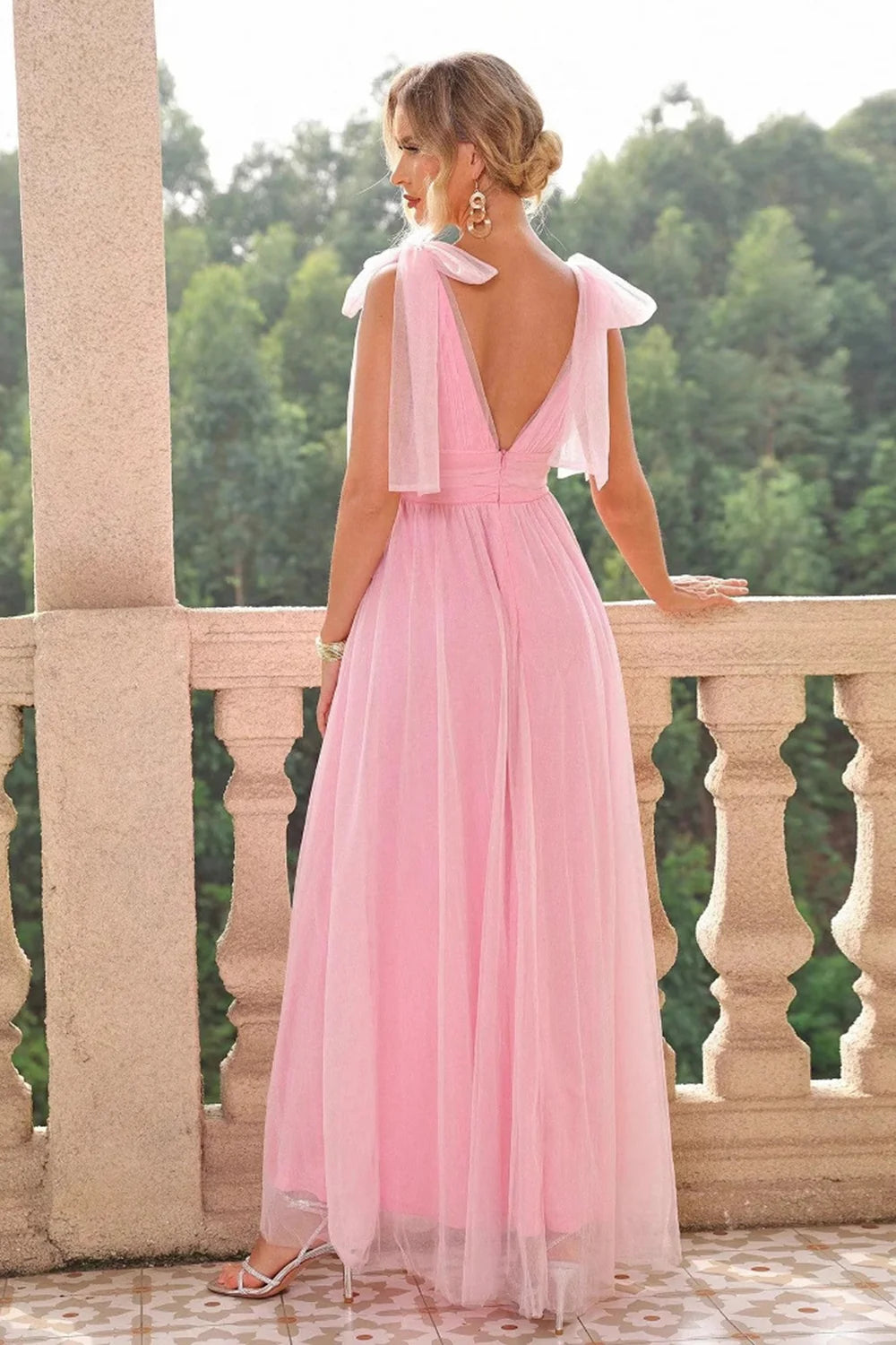 A-line powder blusher pink pleated wedding guest dress with side slit