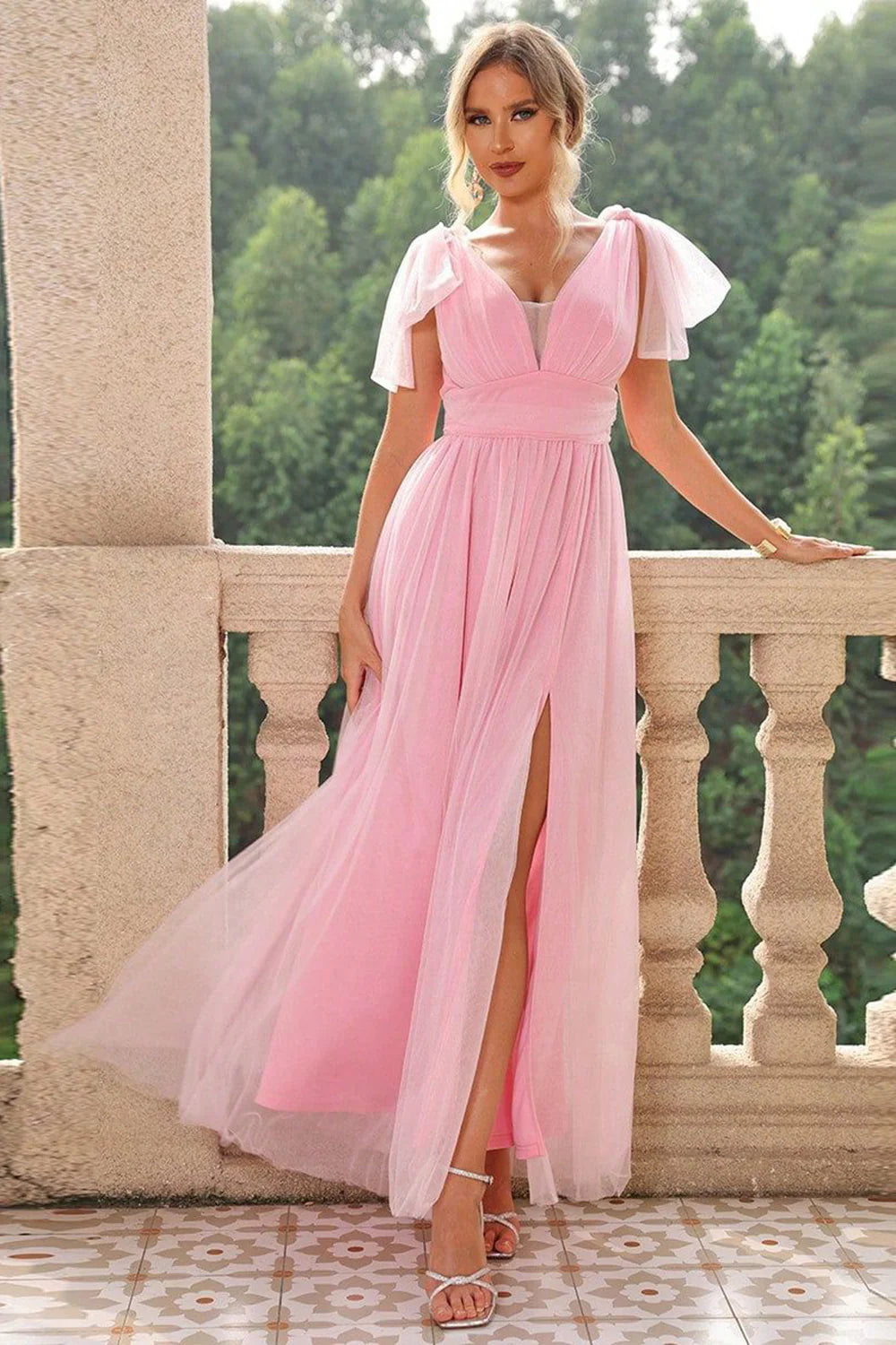 A-line powder blusher pink pleated wedding guest dress with side slit