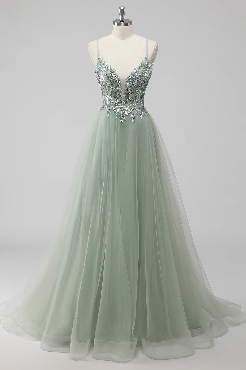 Lavender A-line thin shoulder strap sequined chiffon ball dress