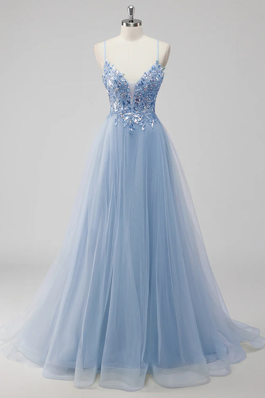 Lavender A-line thin shoulder strap sequined chiffon ball dress