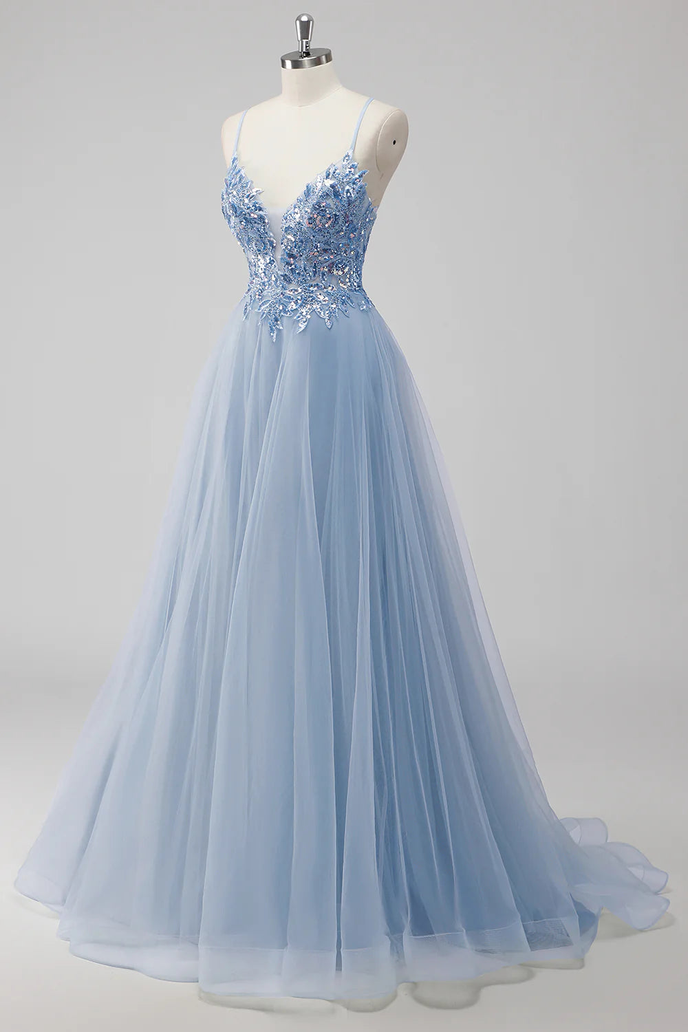 Lavender A-line thin shoulder strap sequined chiffon ball dress