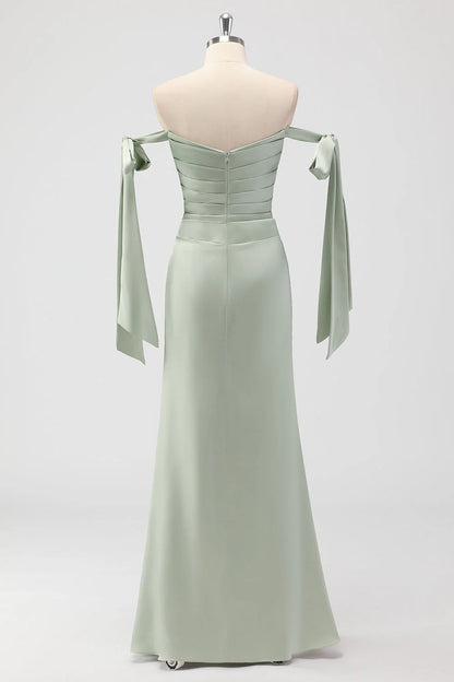 Sage Green Mermaid Off The Shoulder Ruched Long Bridesmaid Dress with Slit