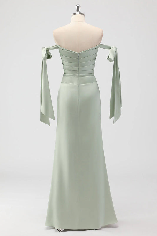 Sage Green Mermaid Off The Shoulder Ruched Long Bridesmaid Dress with Slit