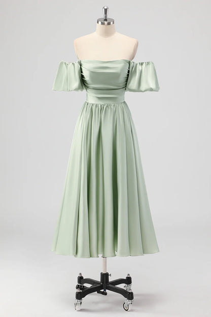 Sage Green A Line Off The Shoulder Ruched Tea-Length Satin Bridesmaid Dress