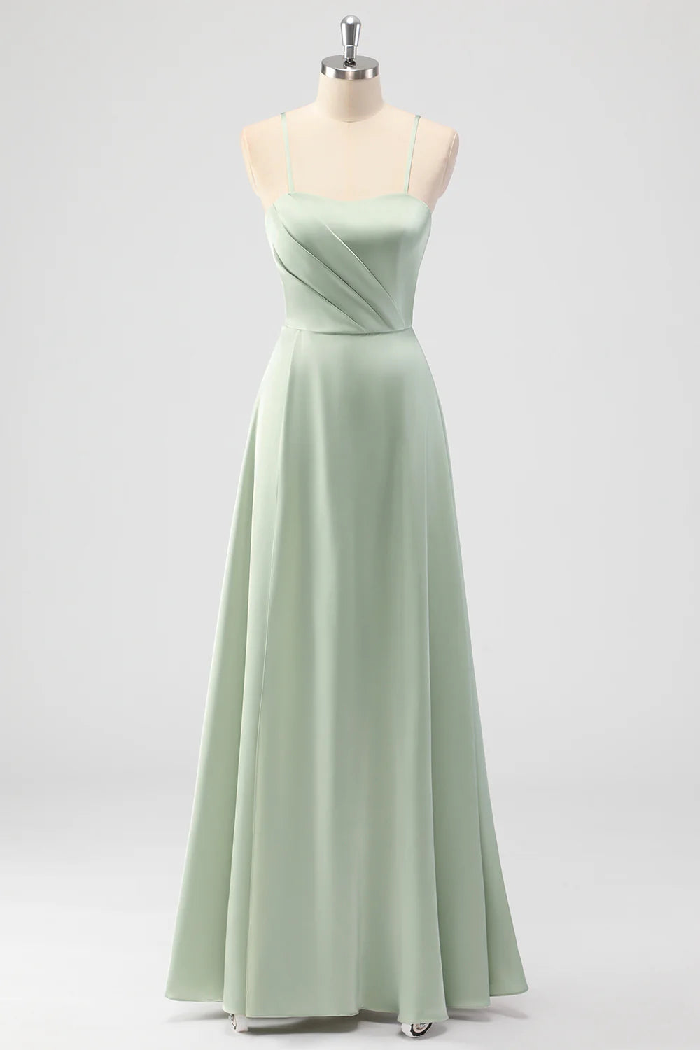 Sage Green A Line Spaghetti Straps Pleated Satin Long Bridesmaid Dress