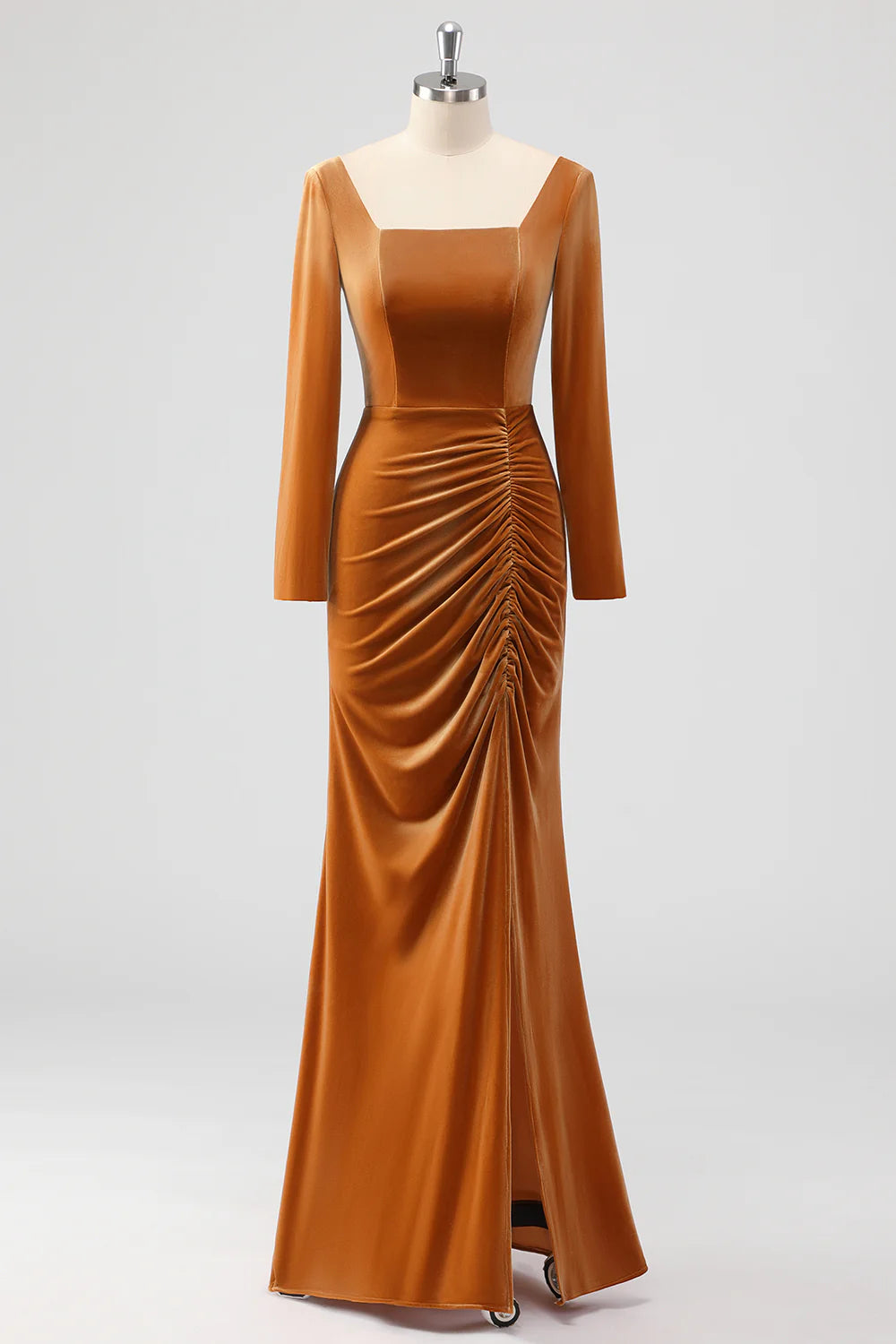 Brown Mermaid Square Neck Ruched Long Sleeves Velvet Bridesmaid Dress with Slit