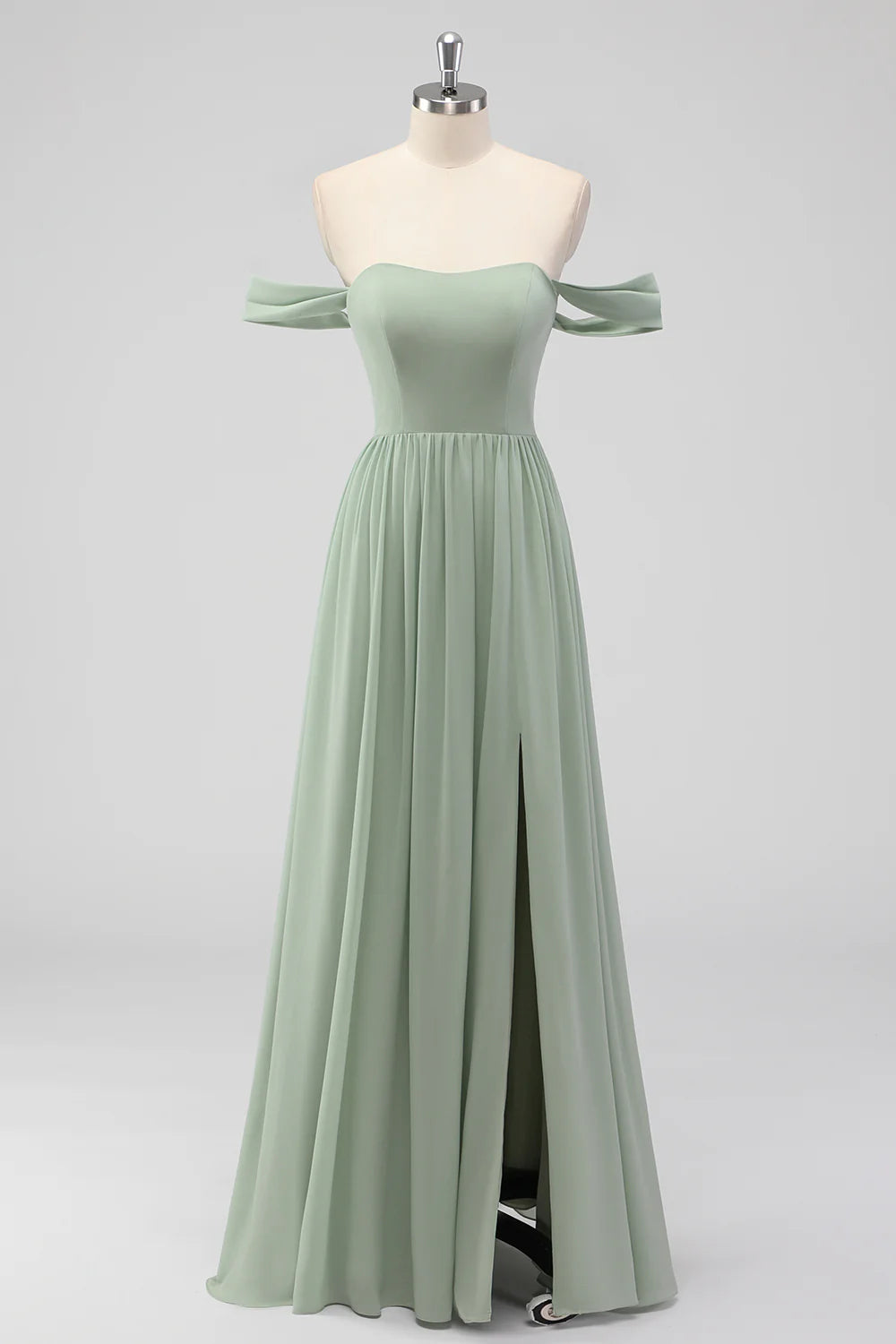 Sage Green A-Line Off The Shoulder Ruched Chiffon Long Bridesmaid Dress with Slit