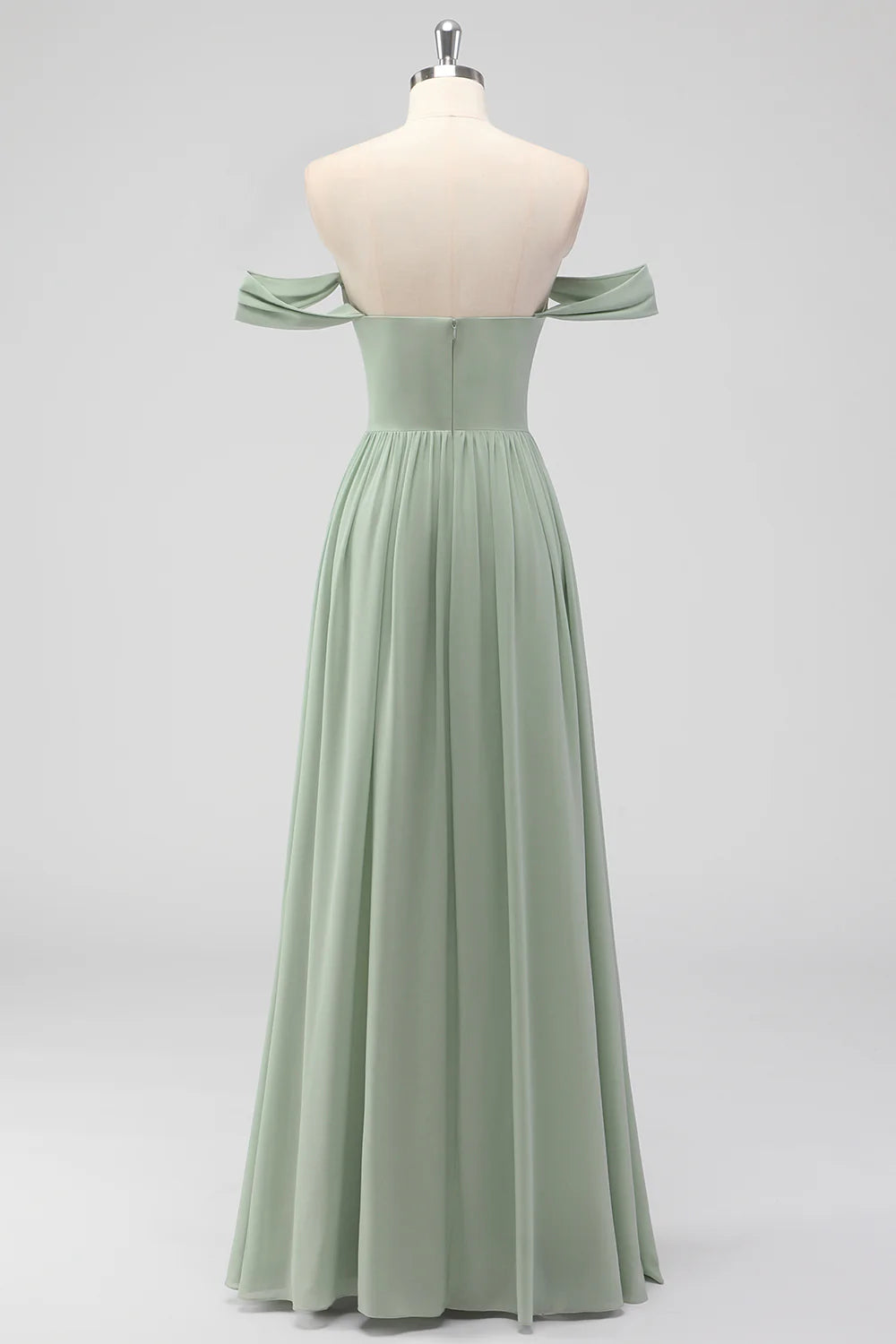 Sage Green A-Line Off The Shoulder Ruched Chiffon Long Bridesmaid Dress with Slit