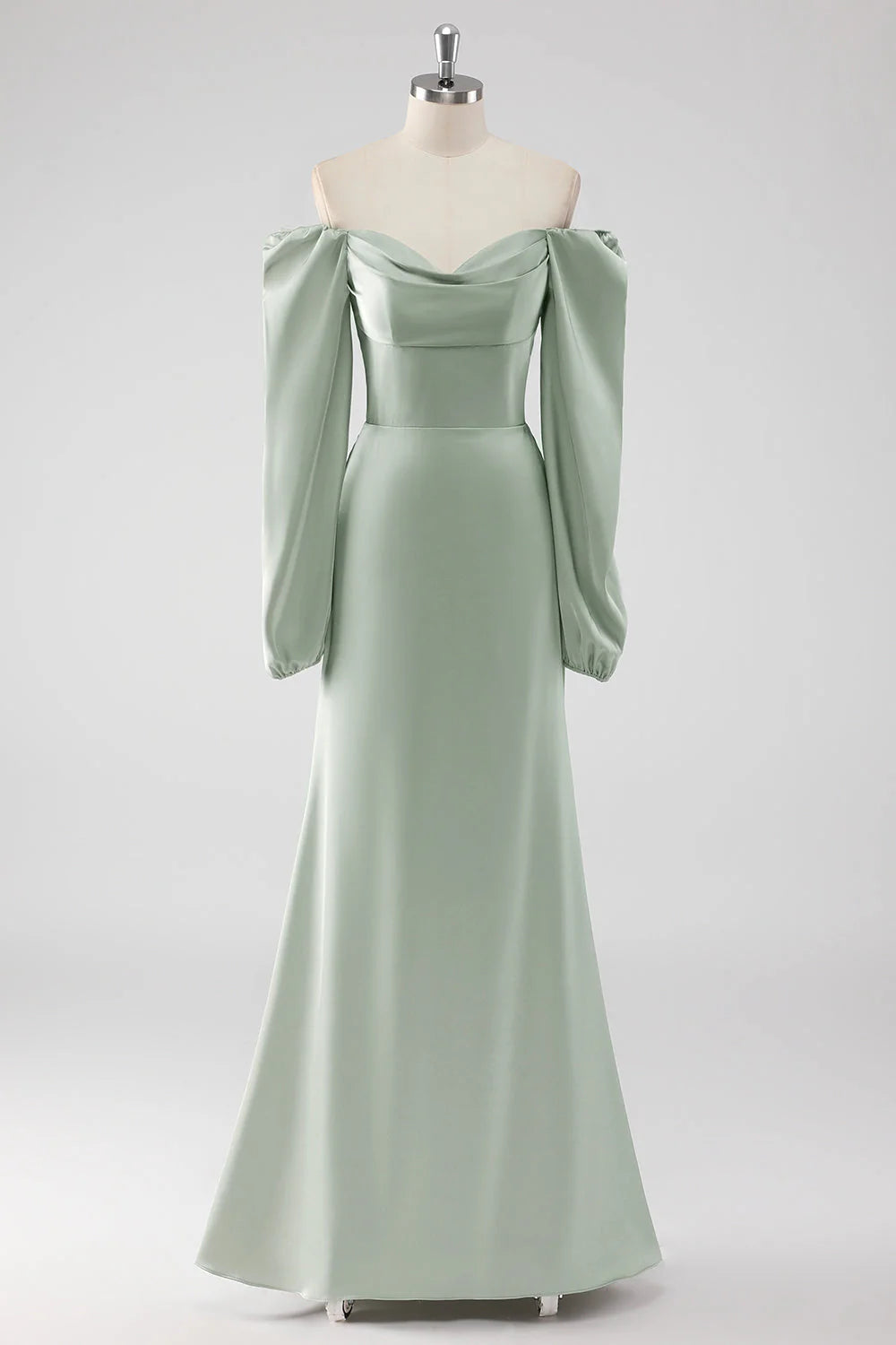 Sage Green A Line Off the Shoulder Long Bridesmaid Dress with Long Sleeves