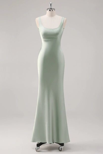 Square neck satin long bridesmaid dress with cross straps at the back