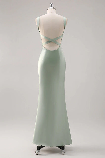 Square neck satin long bridesmaid dress with cross straps at the back