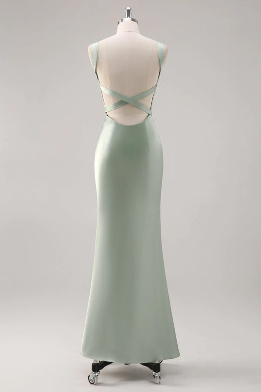 Square neck satin long bridesmaid dress with cross straps at the back