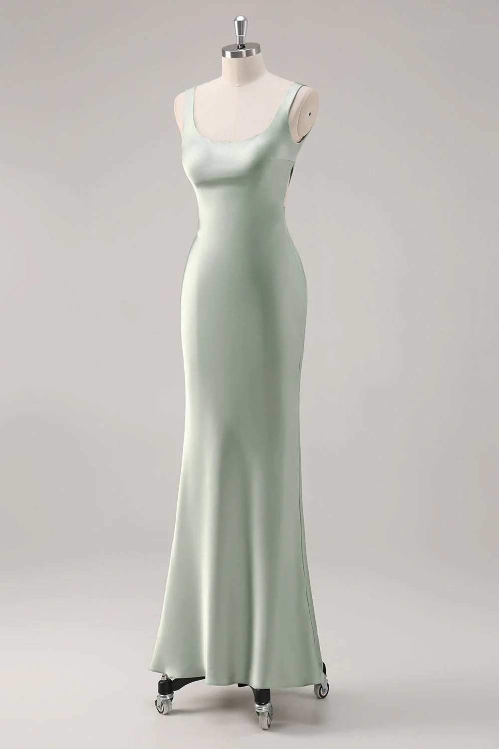 Square neck satin long bridesmaid dress with cross straps at the back