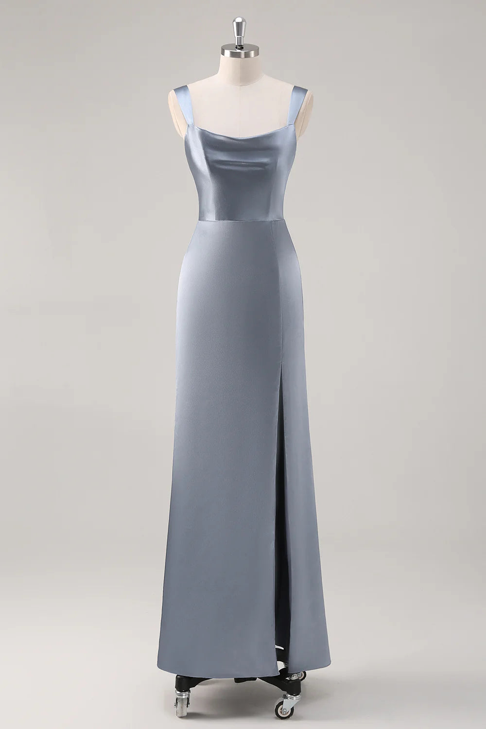 Grey blue satin long bridesmaid dress with slit