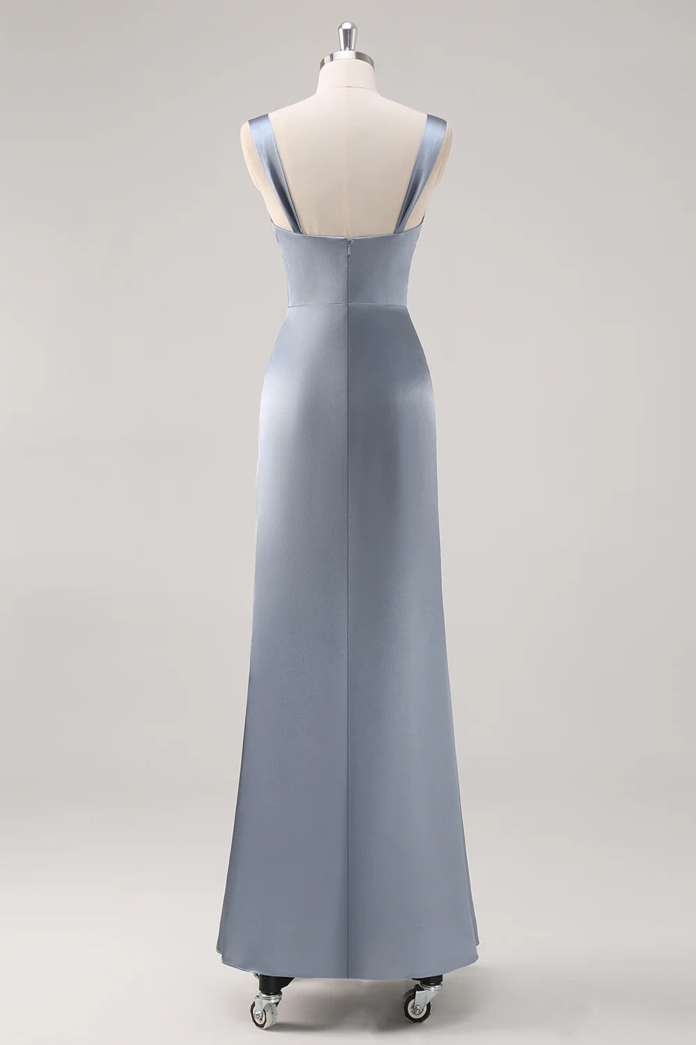 Grey blue satin long bridesmaid dress with slit