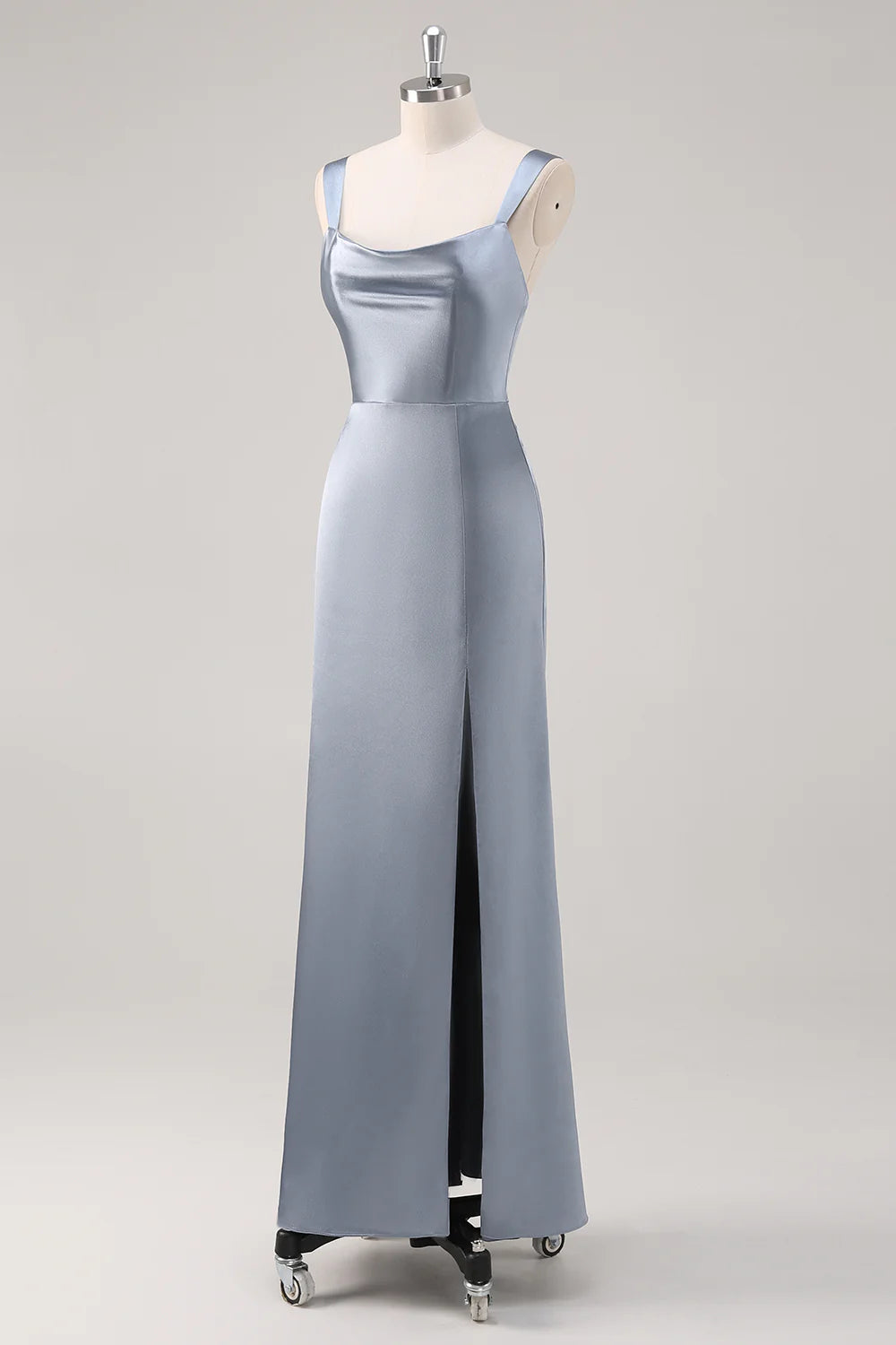 Grey blue satin long bridesmaid dress with slit