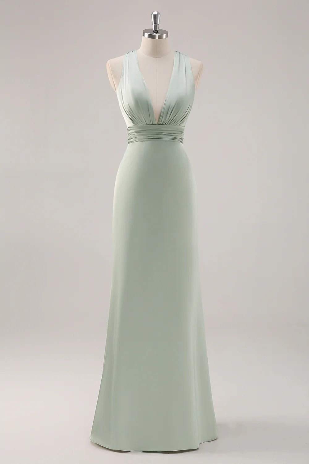 Sage Green Sheath Deep V Neck Ruched Backless Satin Long Bridesmaid Dress