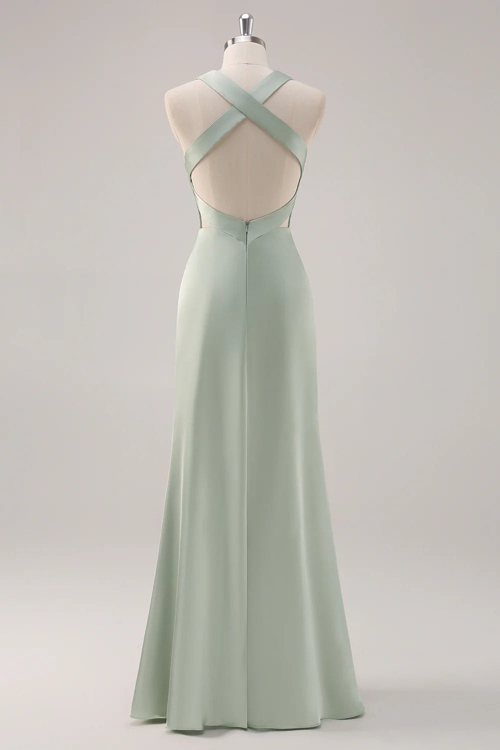 Sage Green Sheath Deep V Neck Ruched Backless Satin Long Bridesmaid Dress
